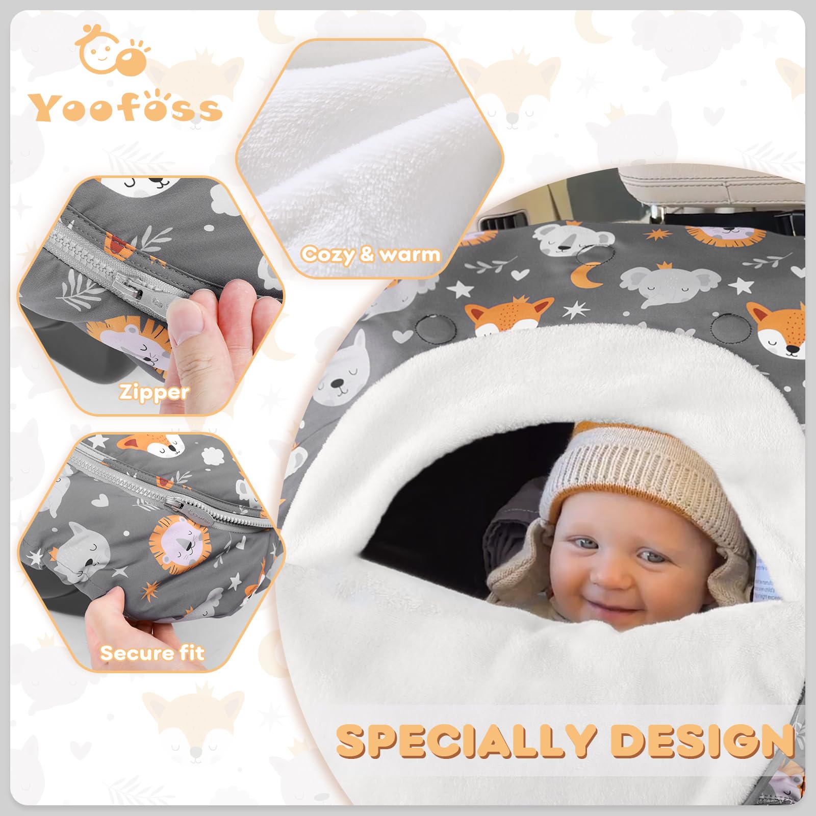Yoofoss Funda de asiento de coche para bebé, cubierta de invierno para proteger al bebé del viento frío, funda de forro polar de felpa súper cálida para bebés niños y niñas, zorro