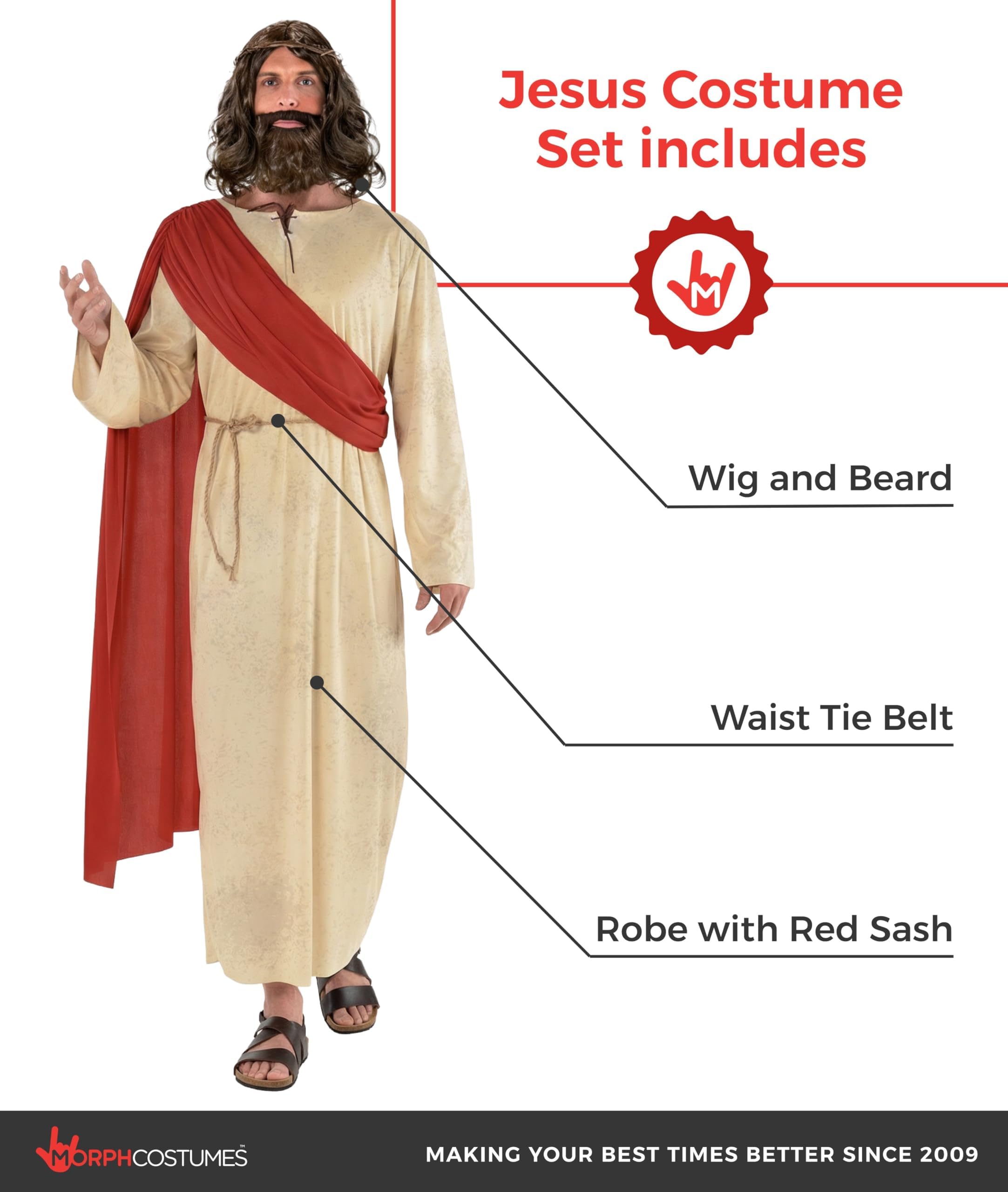 Morph Costume Gesù Cristo Uomo - Vestito Messia con Parrucca e Barba per Adulti, Abito Carnevale per Costumi Halloween Adulti e Feste a Tema