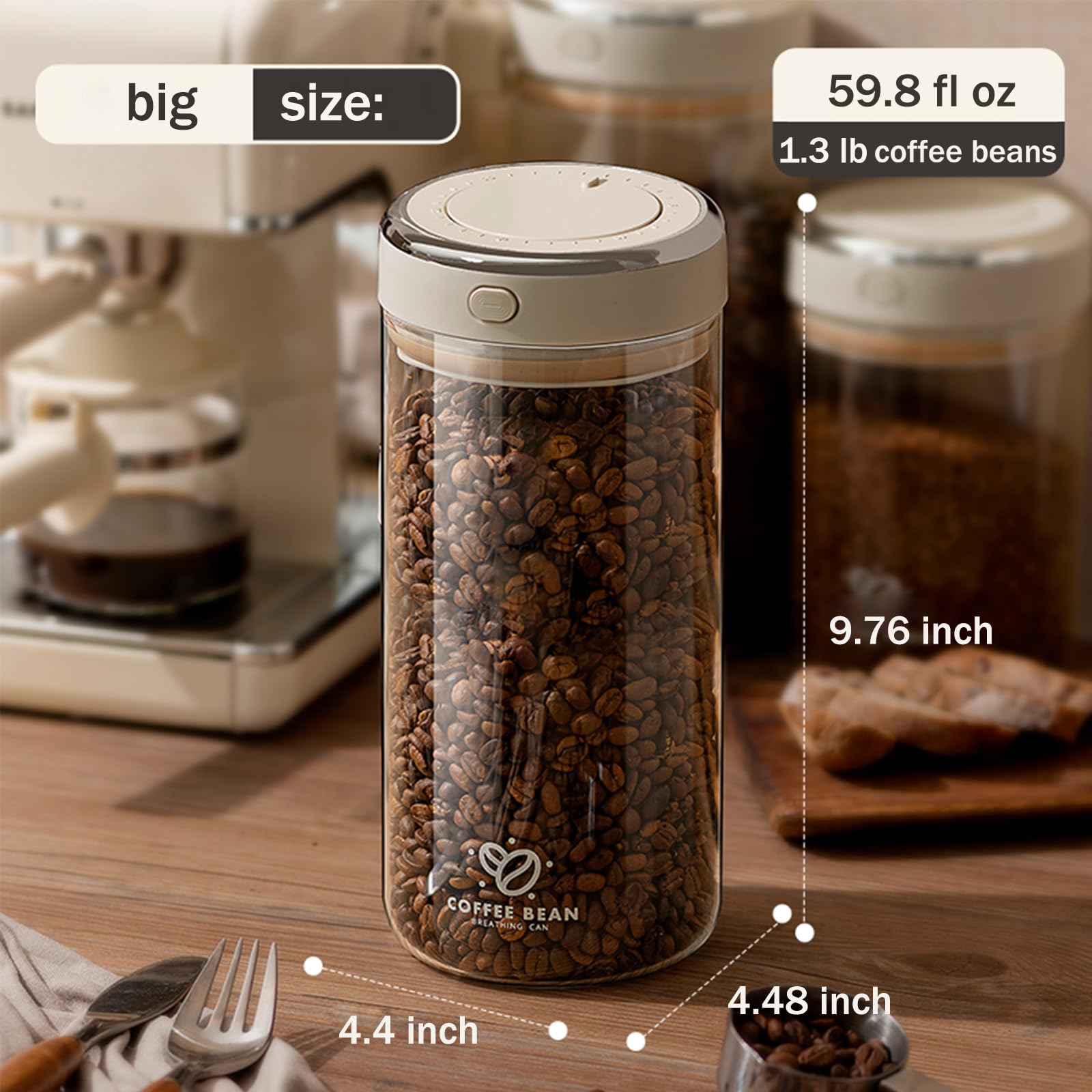 Contenitore per chicchi di caffè con valvola unidirezionale, coperchio ermetico, datario, per caffè e altri alimenti, contenitore per caffè e altri alimenti, contenitore per caffè in vetro