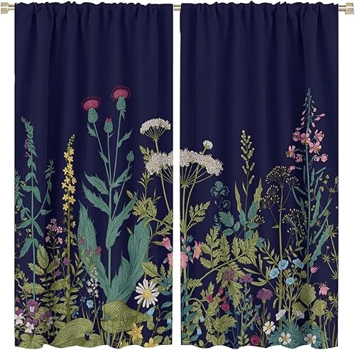 Miniatura 52 de Retro 70s Floral Blackout Window Curtains, Watercolor Flower Plant Rustic Modern Style Pattern Window Drapes, for Bedroom Living Room 42x45in 2