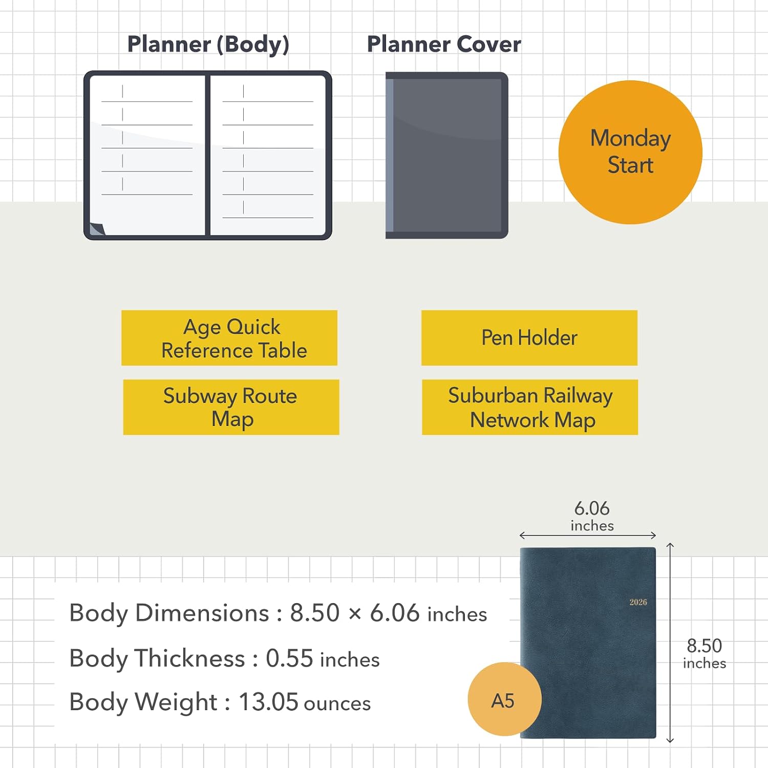 NOLTY Memory A5-3 Weekly Planner 2026, April Start, Japanese Edition, Blue, 2026-9621