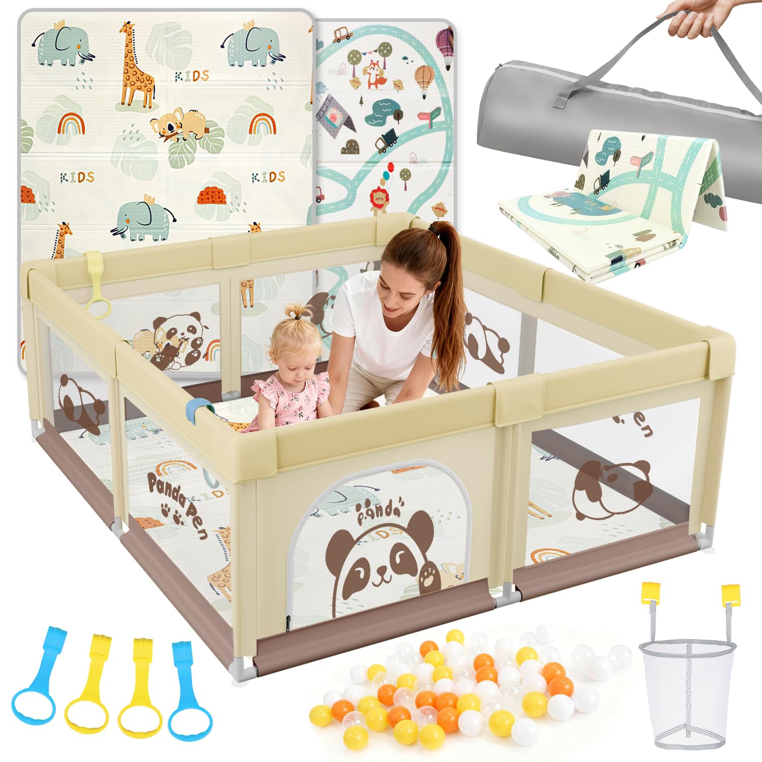 Laufstall Baby 150x180cm mit Matratze, XL Laufgitter Baby mit Rutschfestem Boden & Atmungsaktivem Netz, 210D Oxford Gewebe, Stabiler & Sicherer Babyspielplatz, Playpen, 60 Bällen, 4 Griffe