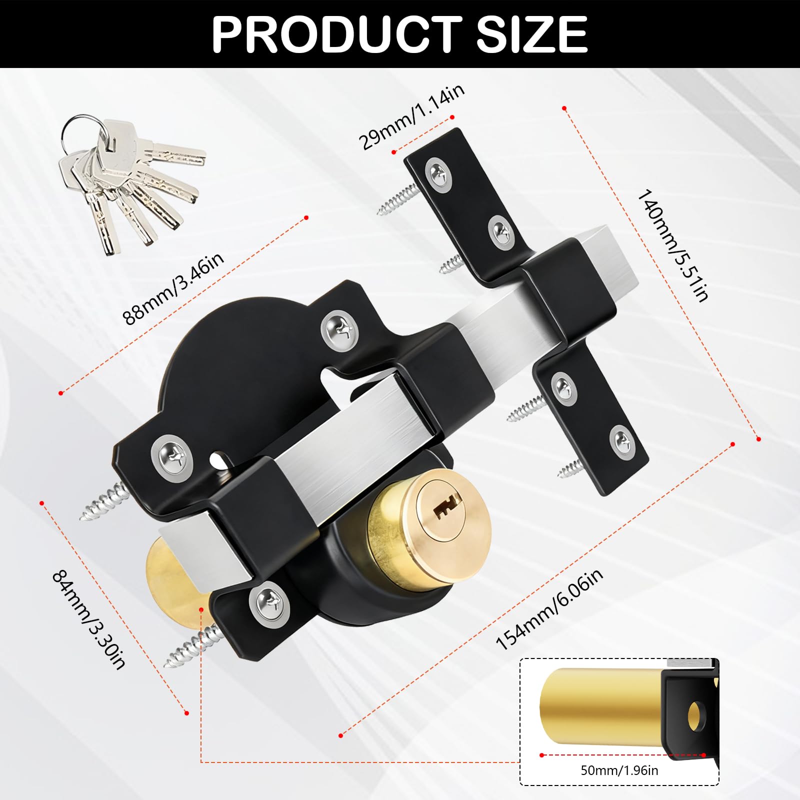 Cerradura Puerta, Cerradura Puerta Interior con Cilindro de Bloqueo de 50 mm Doble Bloqueo de Acero Inoxidable con 5 Llaves para Puerta de Metal Puerta de Madera Entradas de Casas Dormitorios