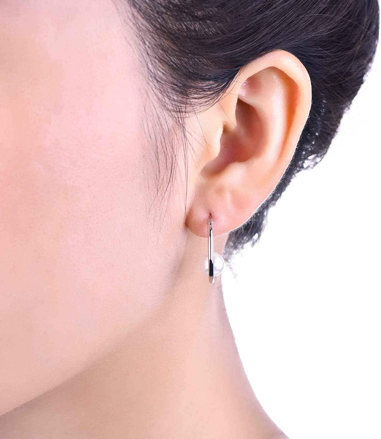 JO WISDOM 925 Sterling Silver Simulated White Shell Pearl Hoop Earrings (Size: 1.5 * 25mm)