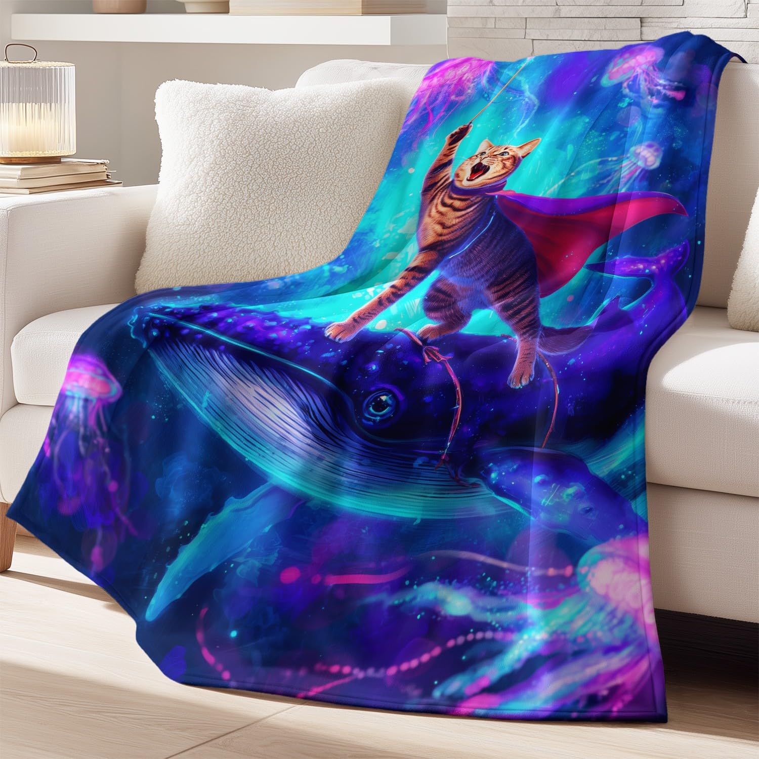 Generisch Koc magicznego kota, puszysty, miękki kot, wieloryb, koc polarowy do salonu, na kanapę lub łóżko, 150 x 180 cm, niebieski, prezent dla dzieci i rodziców