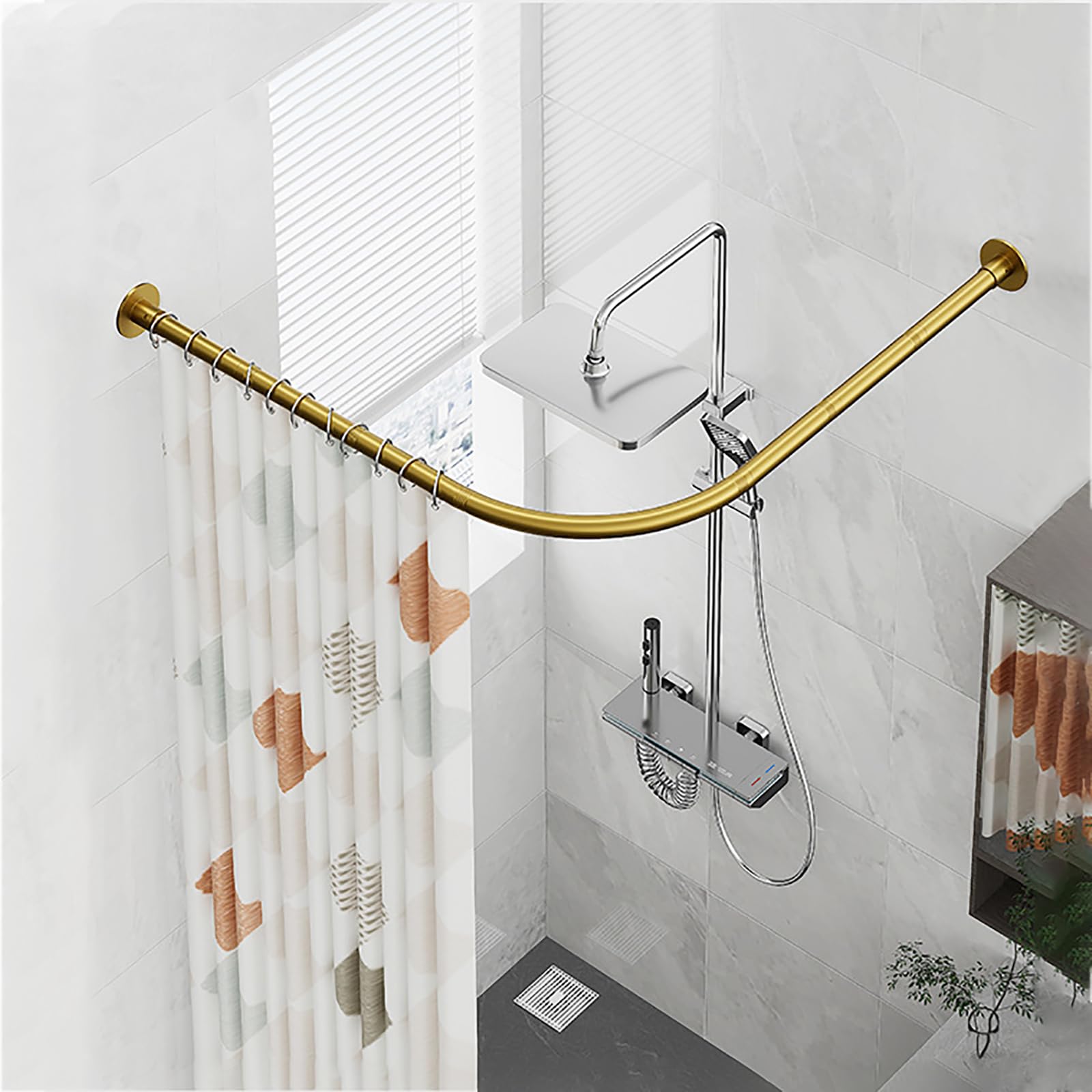 Shower Curtain Rod Curved For Bathroom, Stainless Steel L Shape Shower Curtain Rail, Gold Corner Curtain Poles No Drilling Install Or Drilling, For Bathtub, Clothing Store(Size:95x95cm)