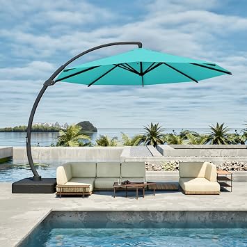 11FT Cantilever Umbrella with Base Large Curvy Outdoor Aluminum Offset Umbrella w/ 360 Rotation, UV Resistant Canopy for Patio, Garden, Backyard, Turquoise Blue