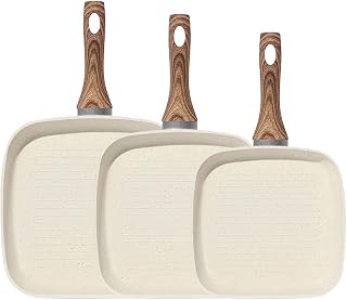 3-Piece Beige Square Non-Stick Frying Pan Set, Detachable Wooden Handle Skillet With Even Heat Distribution, Portable Nonstick Cookware For Home Indoor Outdoor Camping RV Cooking