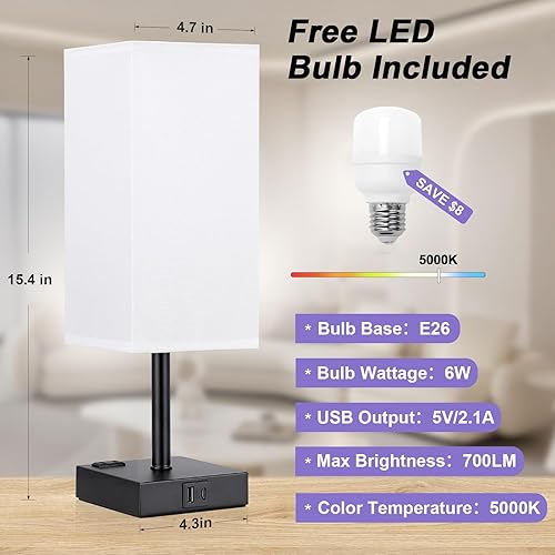 Miniatura 5 de Lámpara negra para dormitorio, lámpara táctil con salidas USB-C+A y CA, mesita de noche cuadrada de 3 vías para niños, habitación de invitados, sala