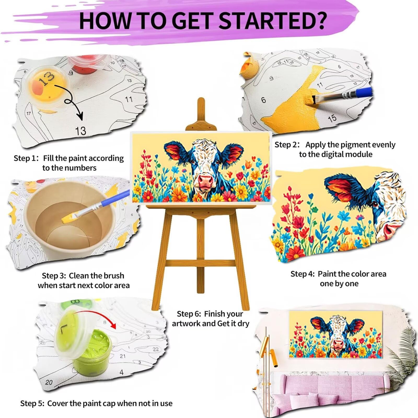 Malen nach Zahlen Kinder Tier Malen Nach Zahlen Erwachsene, Geschenke für Mädchen Junge Bastelset Set, Malen nach Zahlen Milchkuh | Malen nach Zahlen Ohne Rahmen, (60x120cm) Bastelset Erwachsene U-6