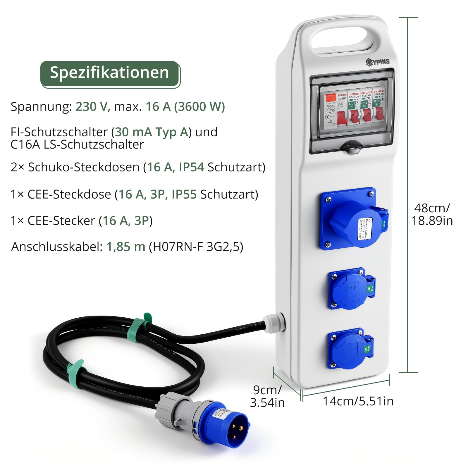 EYPINS Stromverteiler 16A mit LS+FI, Tragegriff-Steckdosenleiste 2x 230V Schuko-, 3P CEE-Steckdose, 16A 3P CEE-Stecker 1,85m Kabel, Kleinstromverteiler IP66/IP54 für Camping Wohnmobile Boote Outdoor
