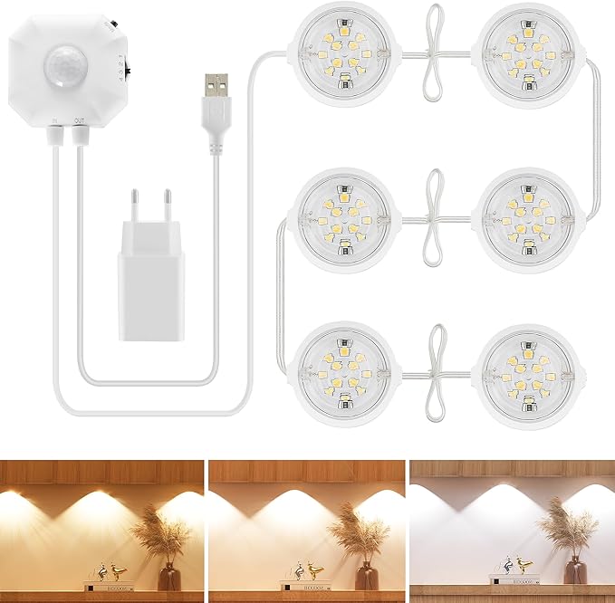 Auplf Cabinet Light, LED Motion Sensor, Pack of 6, Under Cabinet Light, Kitchen, LED, 3 Colors, Motion Detector, Light with Self-Adhesive, USB Powered, Dimmable Under Cabinet Light for Wardrobe, Stairs, Kitchen