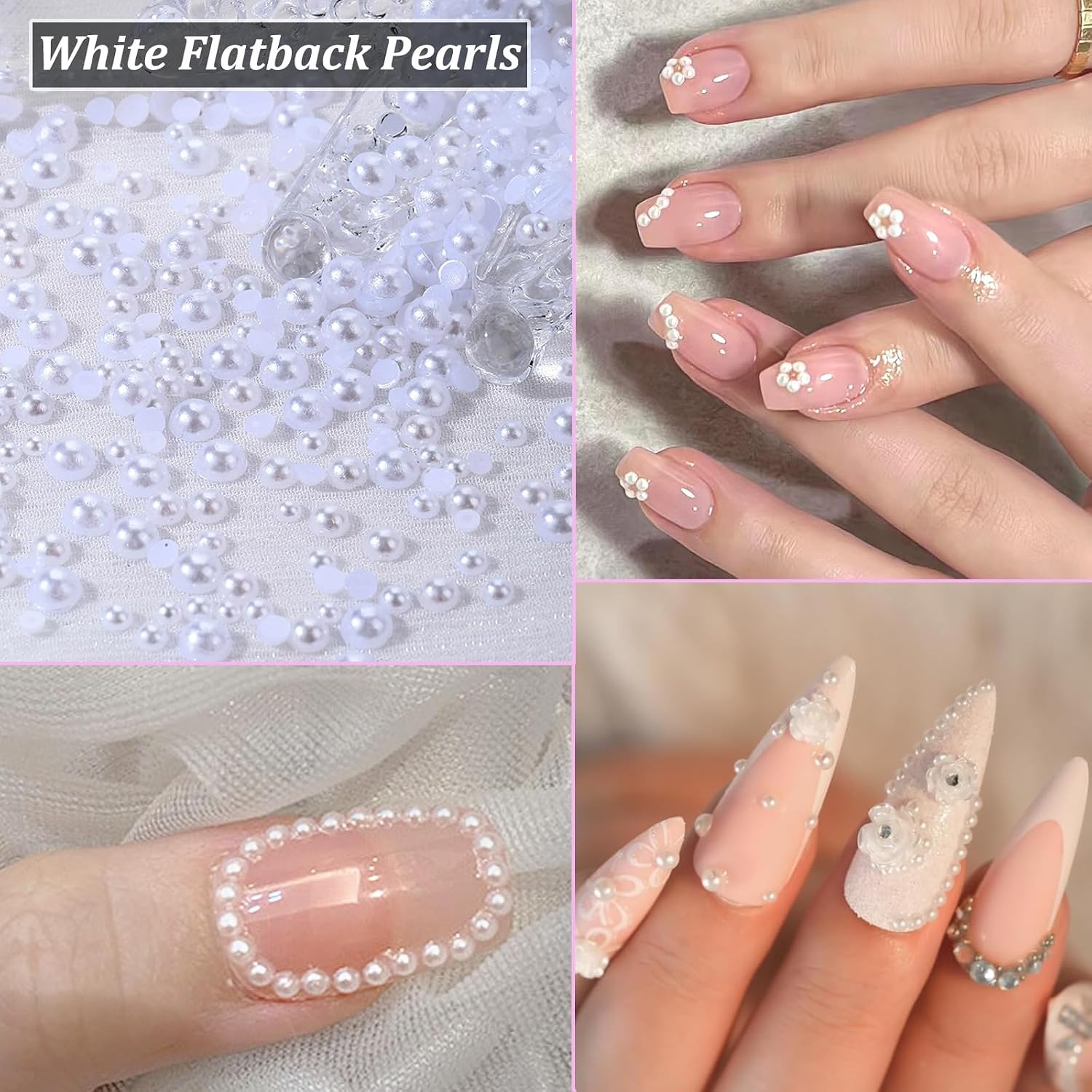 Luxury 3D Nail Art Decoration Set, Professional Kit with Crystal Rhinestones, White Pearls, Butterfly Charms, Gold Silver Chains, Multiple Sizes 2-4.3mm for Manicure Design