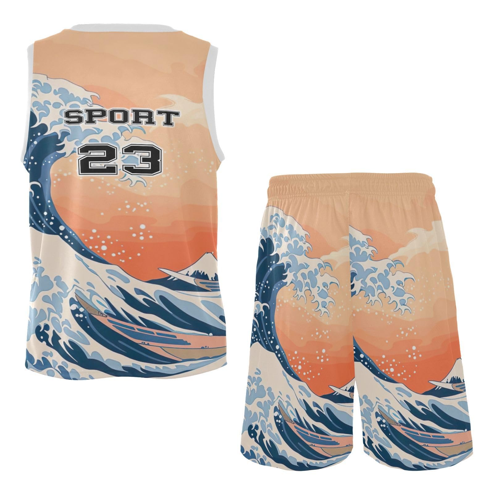 FLildon Japanese Sea Wave Boys Basketball Jersey Set Tank Top Shorts Tracksuit Sport Training Suit for Kids, XL
