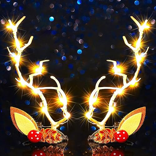 Jeairts Light Up Christmas Hair Clips Glowing Reindeer Antlers Headpiece Hair Barrettes Led Xmas Hair Accessories for Women