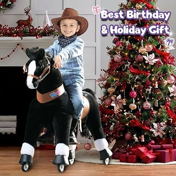 PonyCycle Ride on Toys Kids Riding Horse Ride-on Rocking Horse Pony Cycle for Toddlers Walking Animal Unicorn Toys Birthday Gifts Black Horse Size 4 for Age 4-8 Ux426