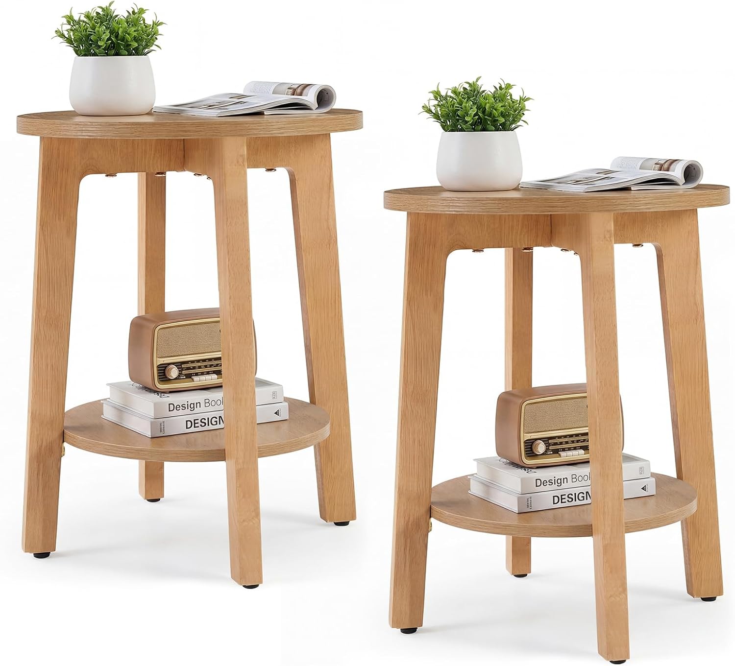 DUMOS Small Round Side Tables Set of 2 for Living Room, 2-Tier Wood End Tables with Storage Shelf, 220 Lbs, Sturdy Bedside Nightstands with Non-Slip Pads, Easy Assembly, Natural Wood