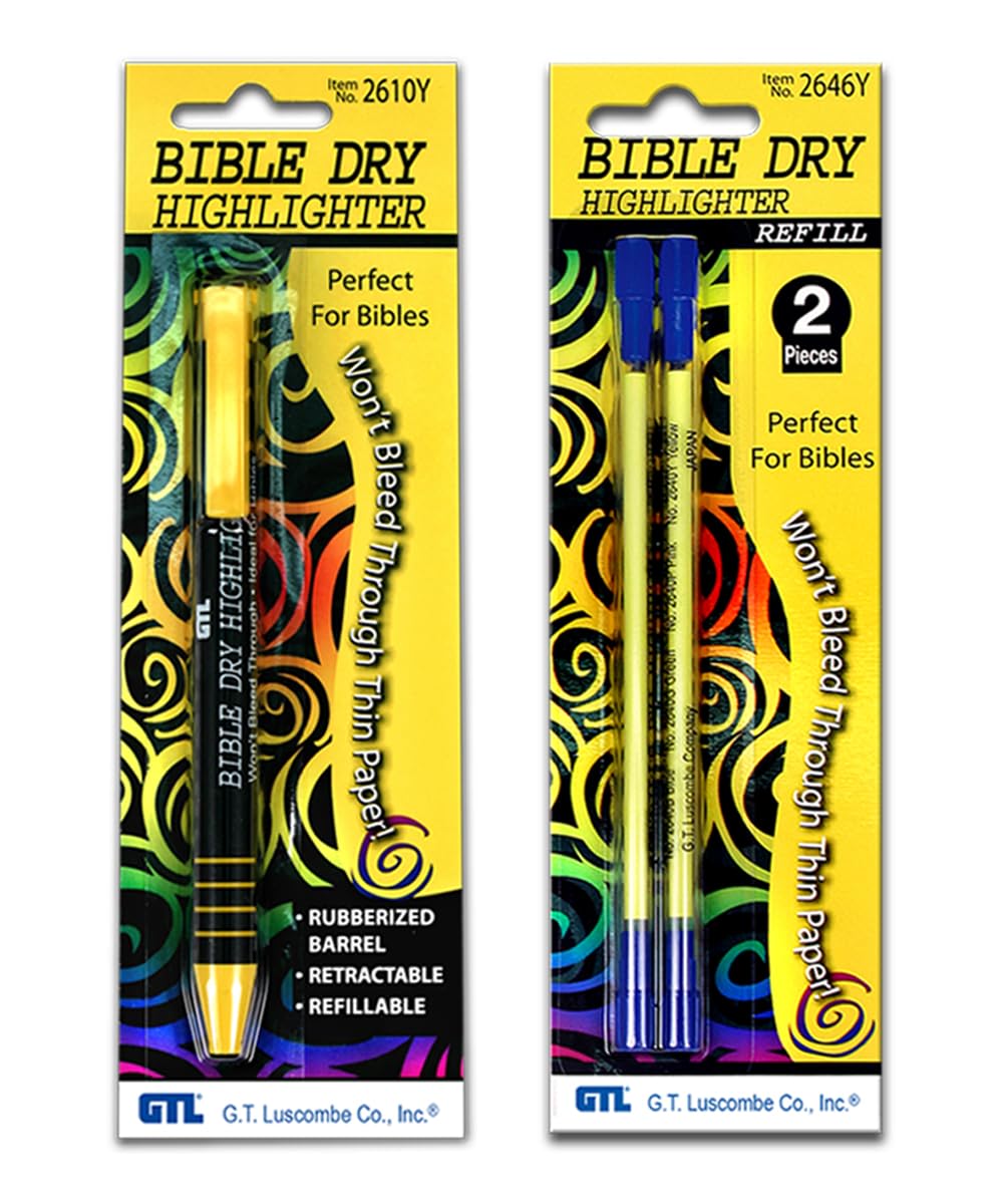 G.T. Luscombe Company, Inc. Bible Dry Refillable Highlighter with 2 Pack of Refills (Yellow)