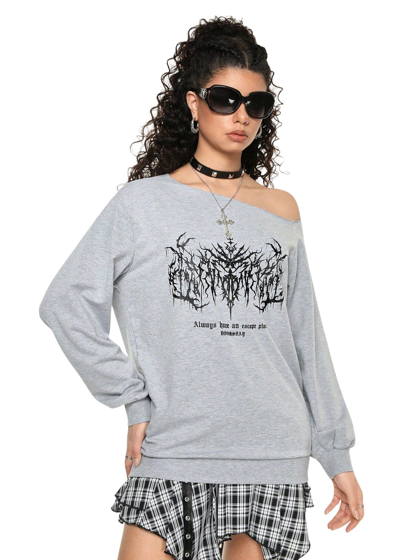 sxv style a Gothic-Style Graphic Print and The Text Always Have an Escape Plan on The Front Printed Off Shoulder Grey Sweatshirt-picture-15