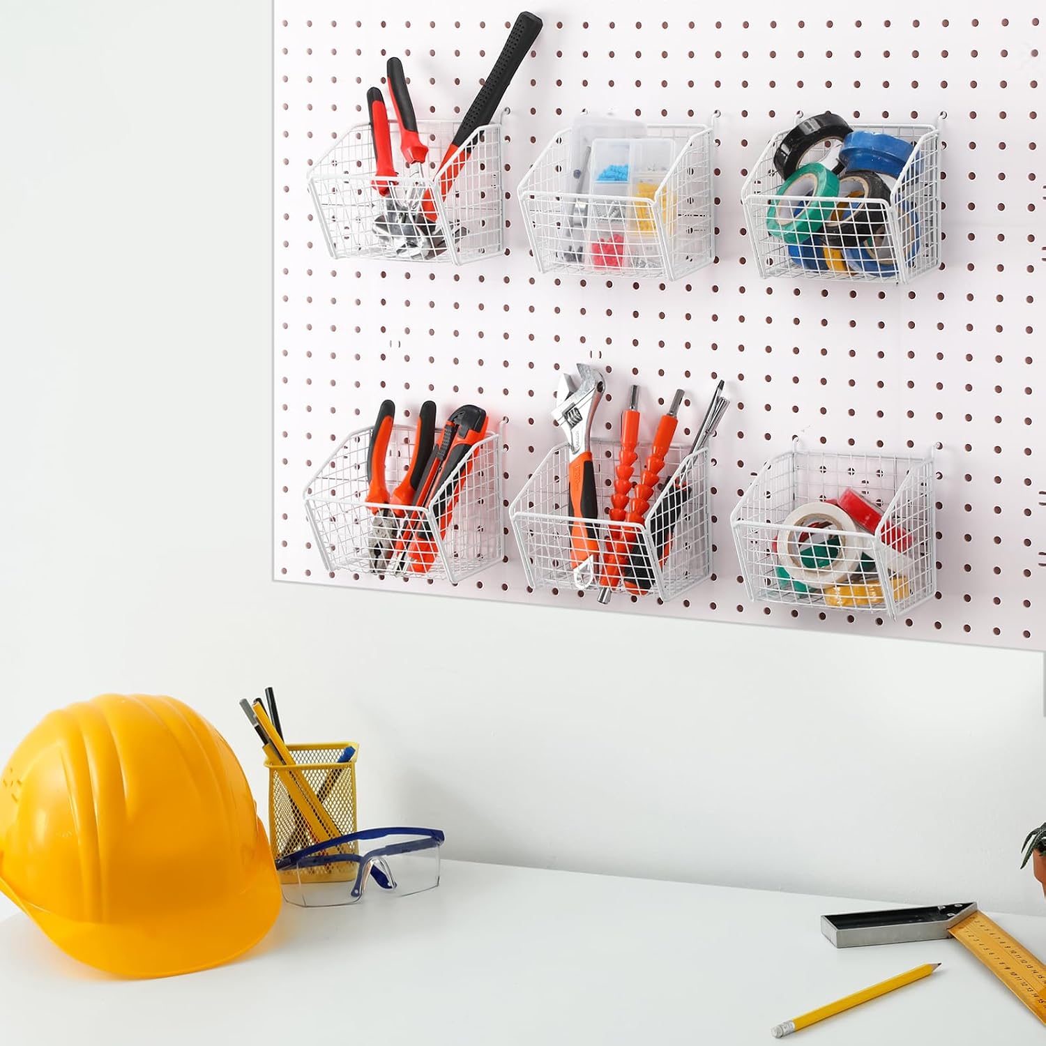 Reallnaive 6 Pack White Pegboard Baskets Metal Wire Shelf Baskets 5.1 x 5.1 x 3.5 in Peg Board Organizer Accessories Wall Mount Organizer Bins for Tool Storage Craft Room Garage Small Parts Workbench