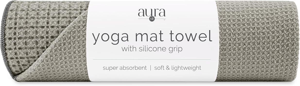S&T INC. Aura Microfiber Yoga Mat Towel with Grip, 24" x 72", Grey | Silicone Grip Backing, Soft and Absorbent, Quick-Dry for Gym, Pilates, and Hot Yoga, Compact for Gym Bag, Machine Washable