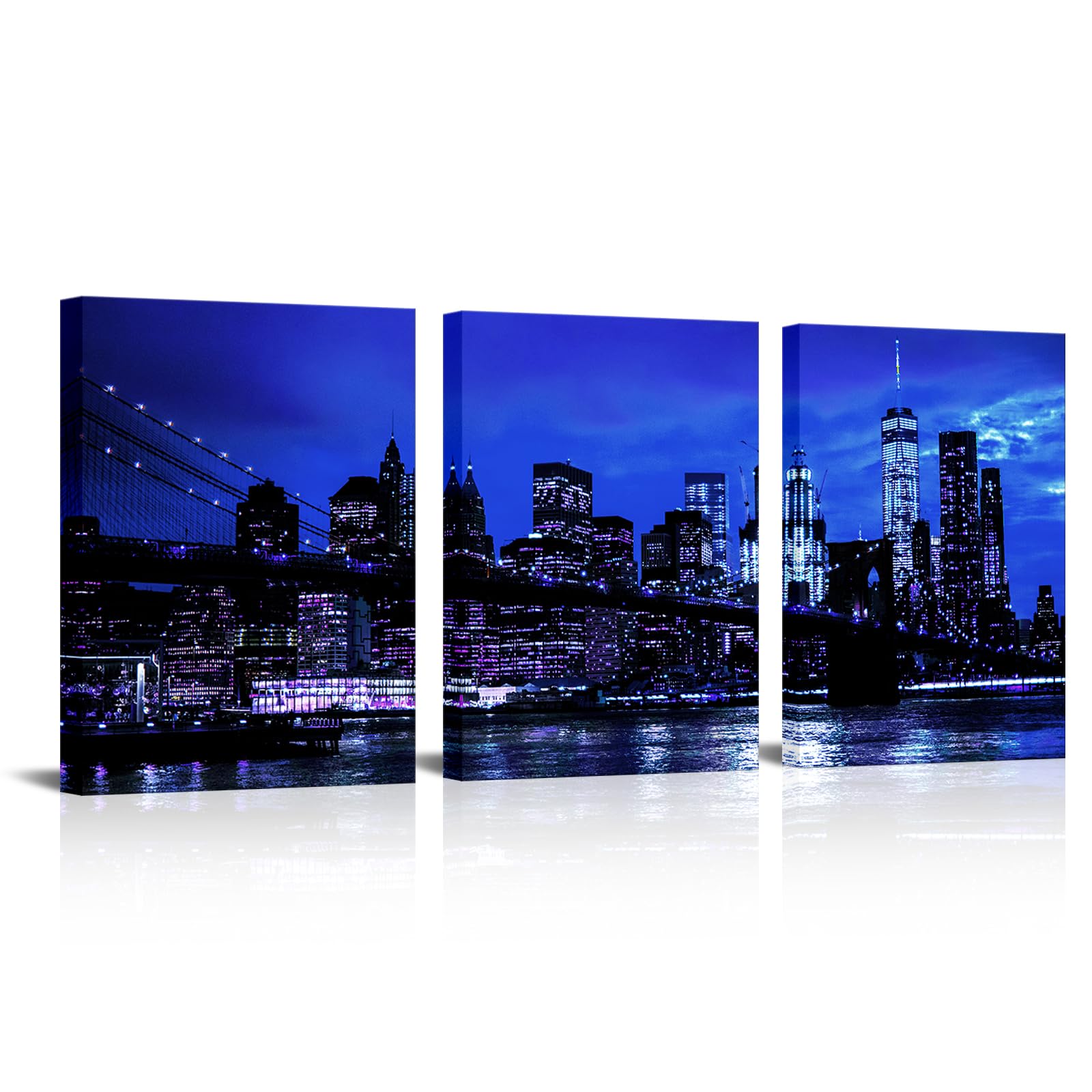 sechars 3 Pieces New York City Wall Art Canvas Black and White Blue Brooklyn Bridge Night Skyline Picture Photo Print Modern Cityscape Poster Painting for Home Office Living Room Decor (Small) (Blue)