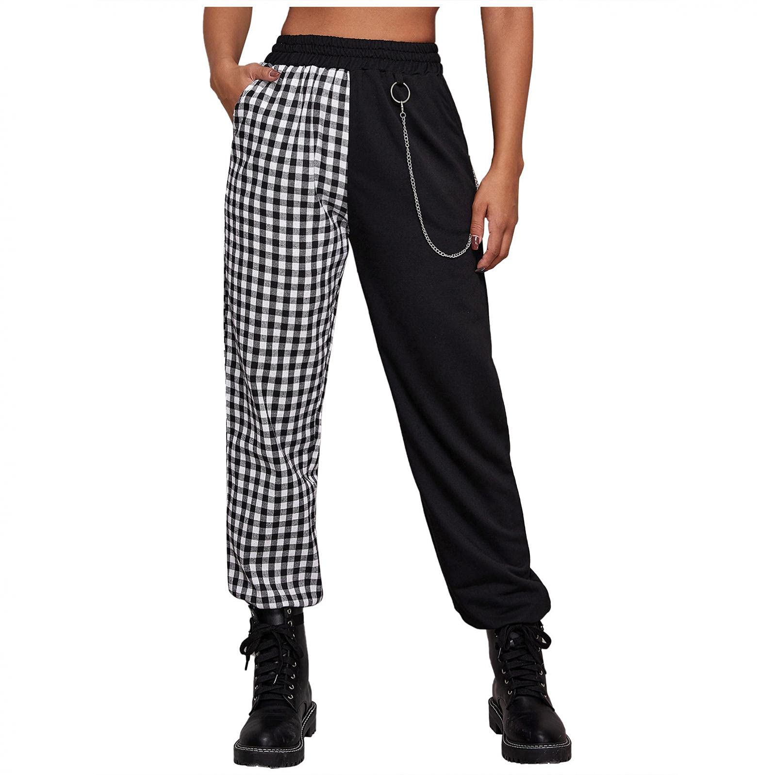Women Baggy Y2k Straight Leg Cargo Pants Punk Pockets High Waist Chain Casual Plaid Trousers Pants
