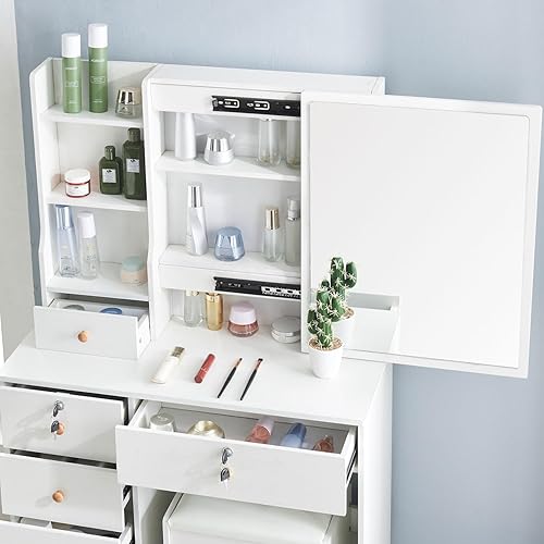 Miniatura 4 de JBLCC Juego de tocador de maquillaje con espejo iluminado con cajones y estantes de almacenamiento de taburetes, tocador para dormitorio (32105)