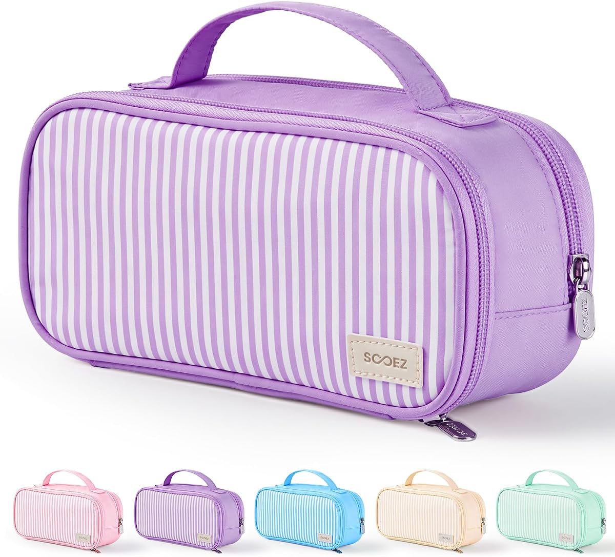 Sooez Pencil Case for Girls, Cute Striped Pencil Pouch Pen Bag, Purple | Large Capacity, Aesthetic, Multi-Compartment Pencil Box Stationery Organizer with Zipper, Portable School Supplies for Teen