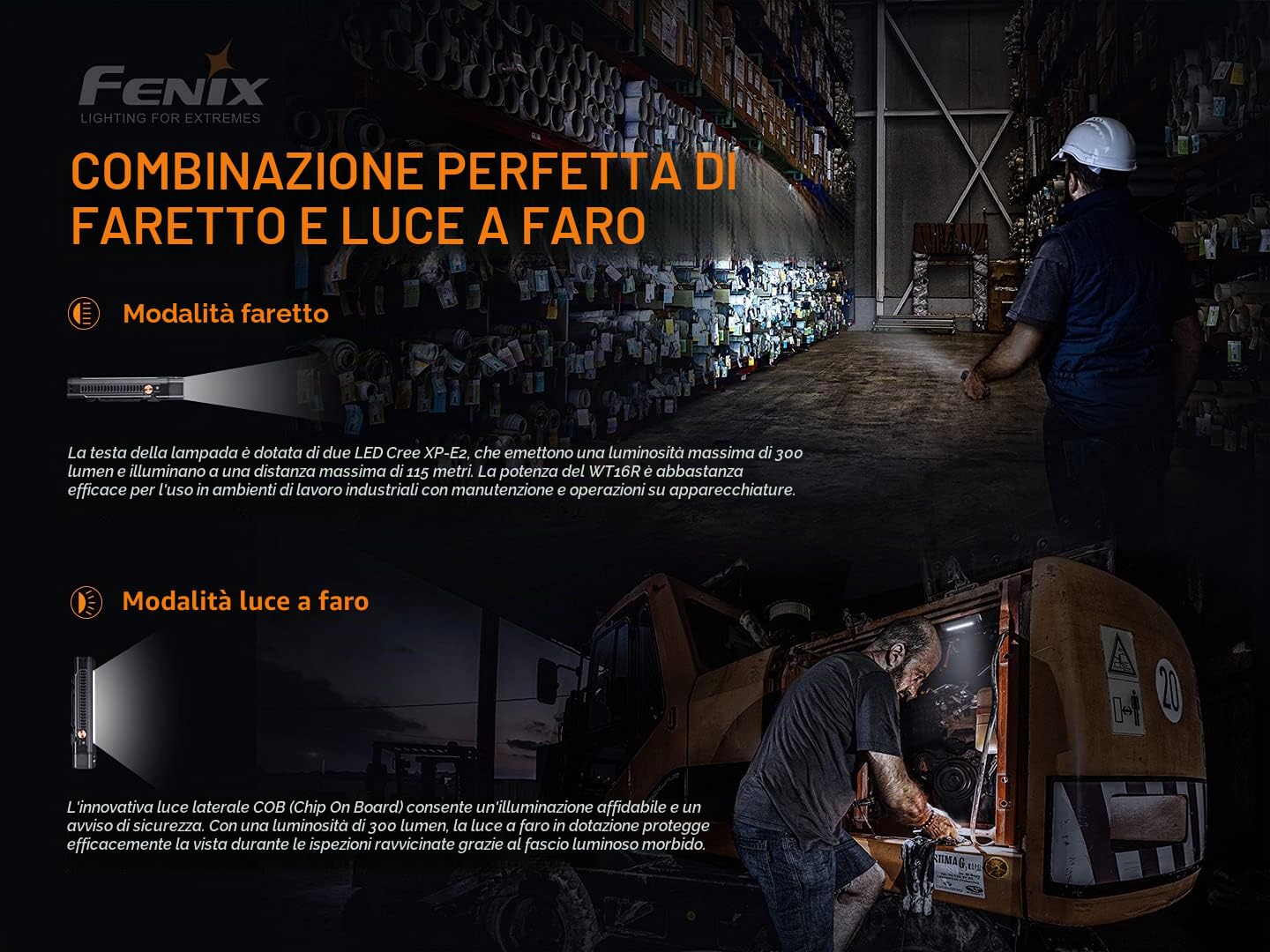 Fenix WT16R, torcia da lavoro ricaricabile e luce di area | 300 lumen | 115 m | max 30 ore | inondazione COB pannello laterale | modalità flash gialla | ampia clip corpo | base magnetica e pannello