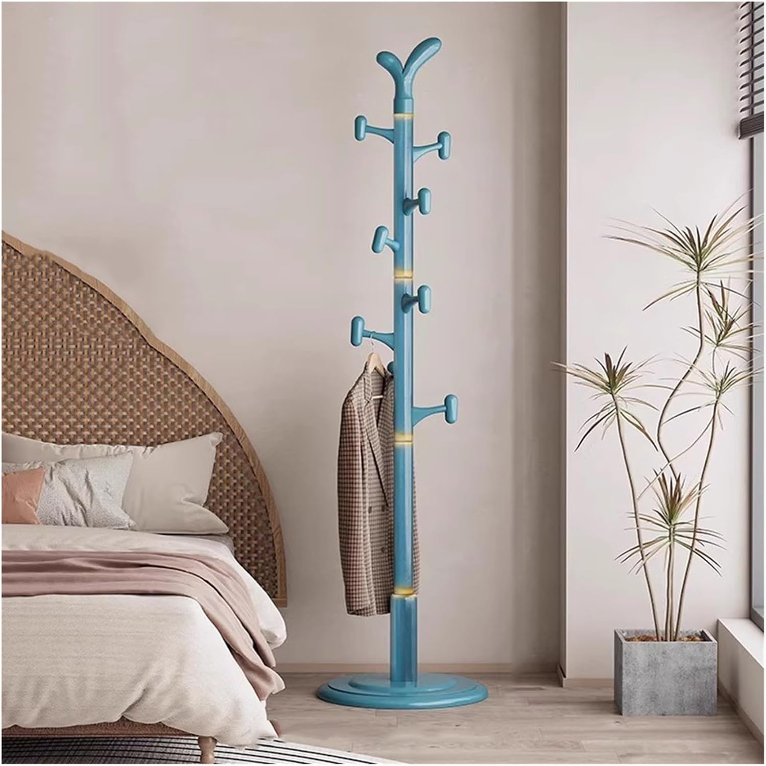 プレミアム木製コートラックスタンド、丈夫なベース付き、組み立て簡単、廊下用玄関ハンガー ブルーツリーデザイン、コート、帽子、バッグに
