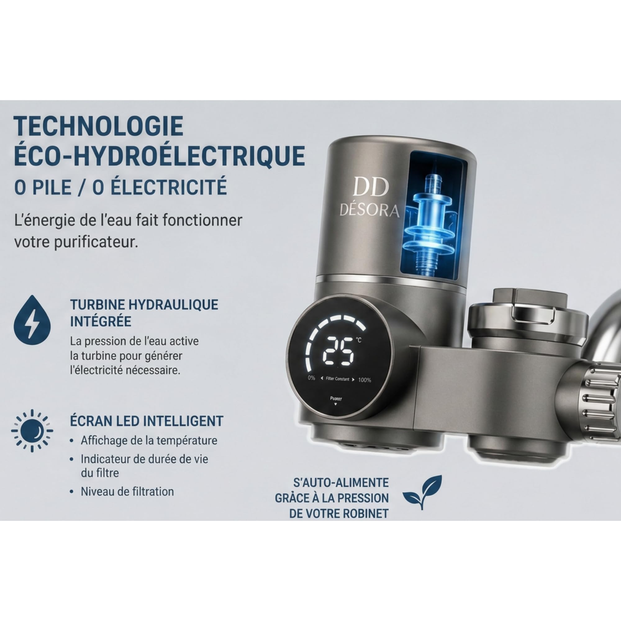 Purificateur d’Eau Robinet Écran LED – Filtre Ultrafiltration 8 Étapes, Turbine Hydroélectrique & ABS Alimentaire (Adaptateurs Universels Inclus)