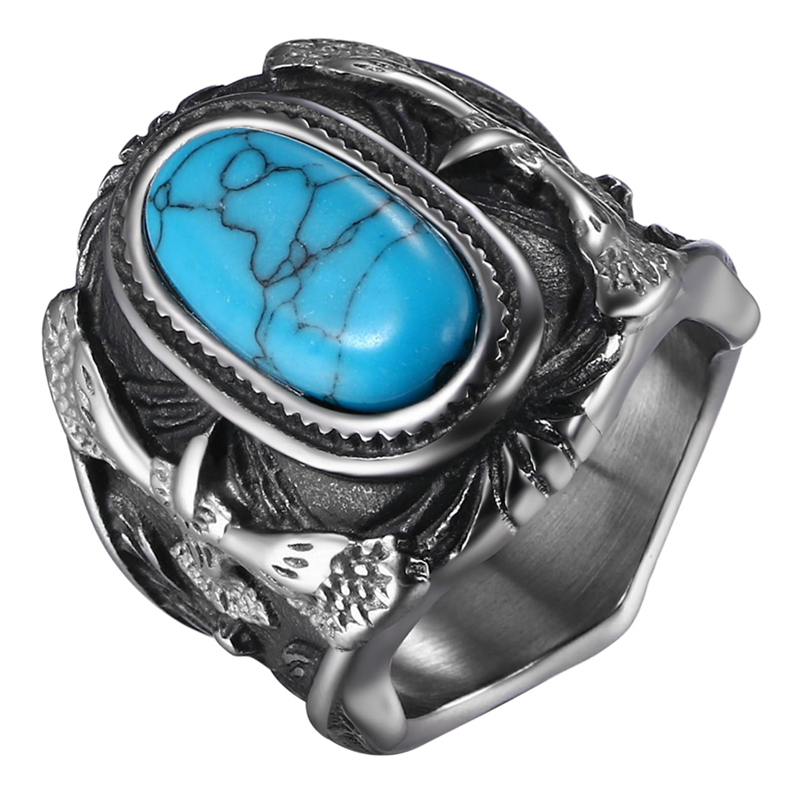 JewelryWe Anillo Piedra Ovalada Hombre: Anillos Plata Oro de Águila Turquesa Pulgar de Acero Inoxidable Vintage Joyería Motera Punk Gótico Tallas 17 a 32 - Para Uso Diario Regalo