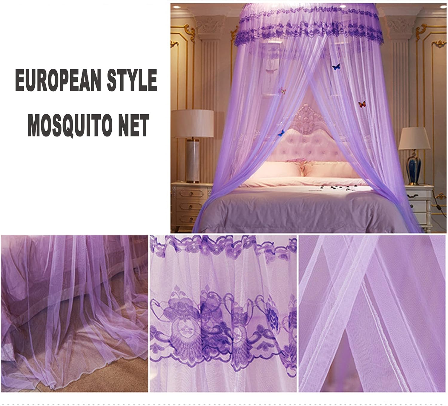 Mosquito Mesh Net for Bed,Large Dome Hanging Bed Net Tent for Double/Single Bed, European Style Canopy for Home Or Holidays,Purple