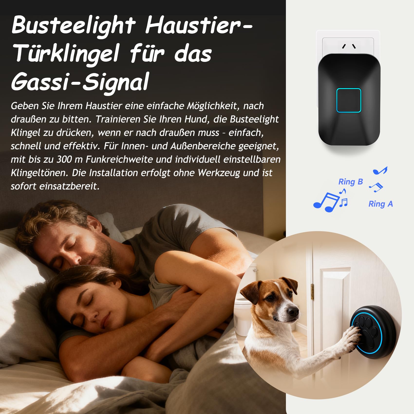 A88 Katzenklingel & Hundeklingel – Kabellose Türklingel mit Touch-Sensor, 300 m Reichweite, LED, 60 Melodien, Wasserdicht, Buzzer Hund, Katzen Klingel Tür Außenbereich (1 Klingeltaster + 1 Empfänger)