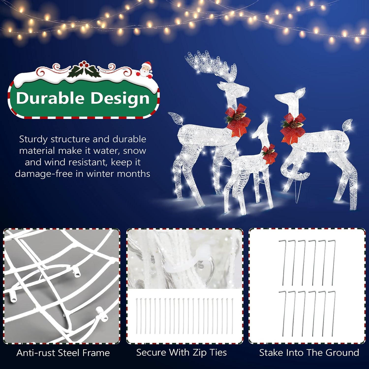 VINGLI 3-Piece Lighted Christmas Reindeer Family Set Outdoor Decorations, Weather Proof Deer Family Set of 3 Christmas Ornament Home Decor Pre-lit 270 LED Lights with Stakes, Zip Ties Secured-White