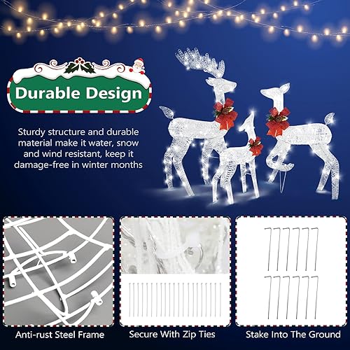 Miniatura 4 de VINGLI Juego de 3 Piezas de Familia de Renos Navideños Iluminados para Decoraciones Exteriores, Juego de Familia de Ciervos a Prueba de Clima de 3