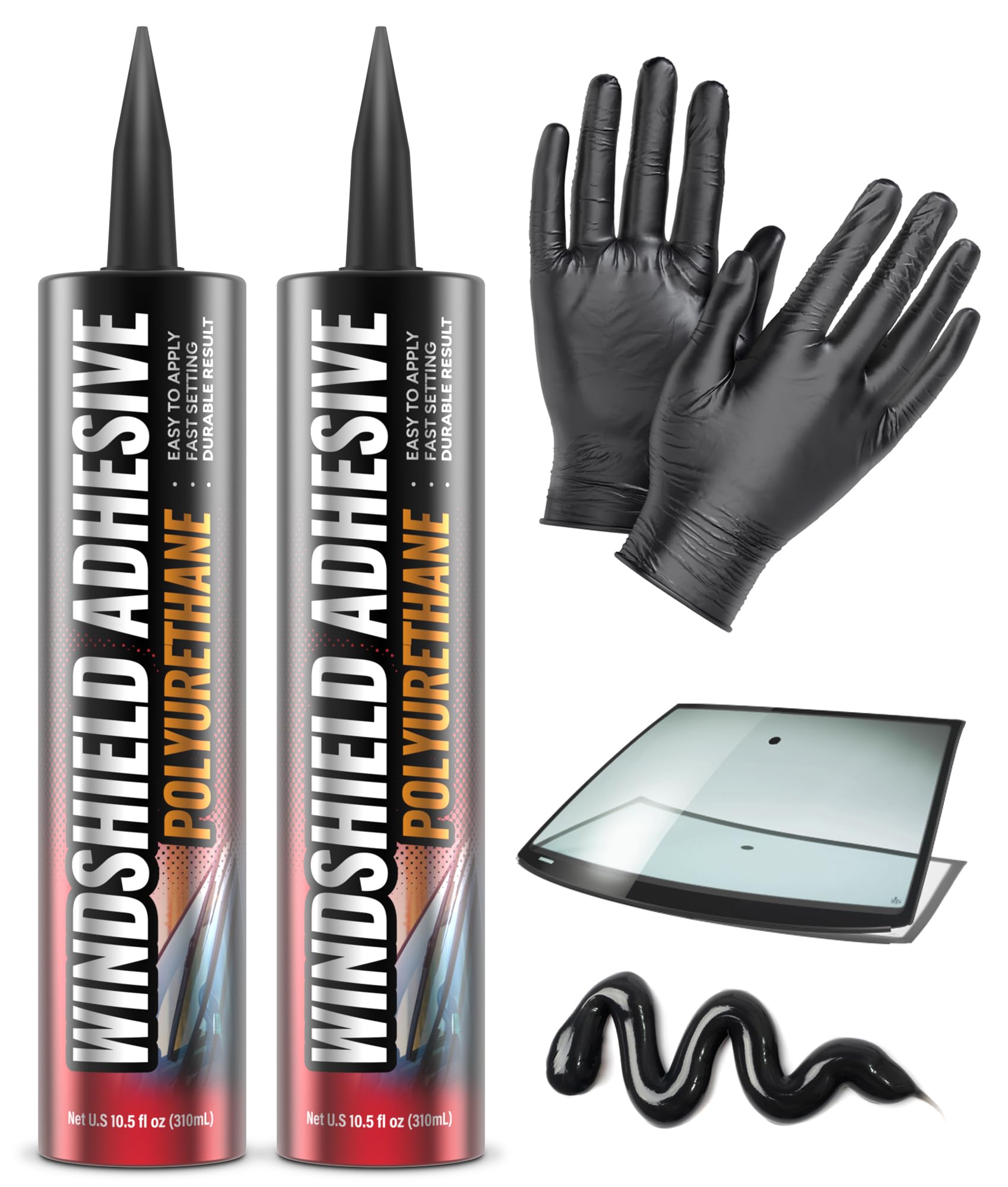 [2 Pack] Polyurethane Windshield Adhesive - Quick Curing & Weather Resistant Auto Glass Adhesive, Vertical & Overhead Application, Windshield Repair Kit with Gloves, Applicator Tip & Cartridge - 310ml