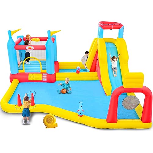 Inflatable Bounce House with Blower, Bouncy Castle with Climbing Wall, Dual Basketball Hoops, Dartboard, Ring Toss