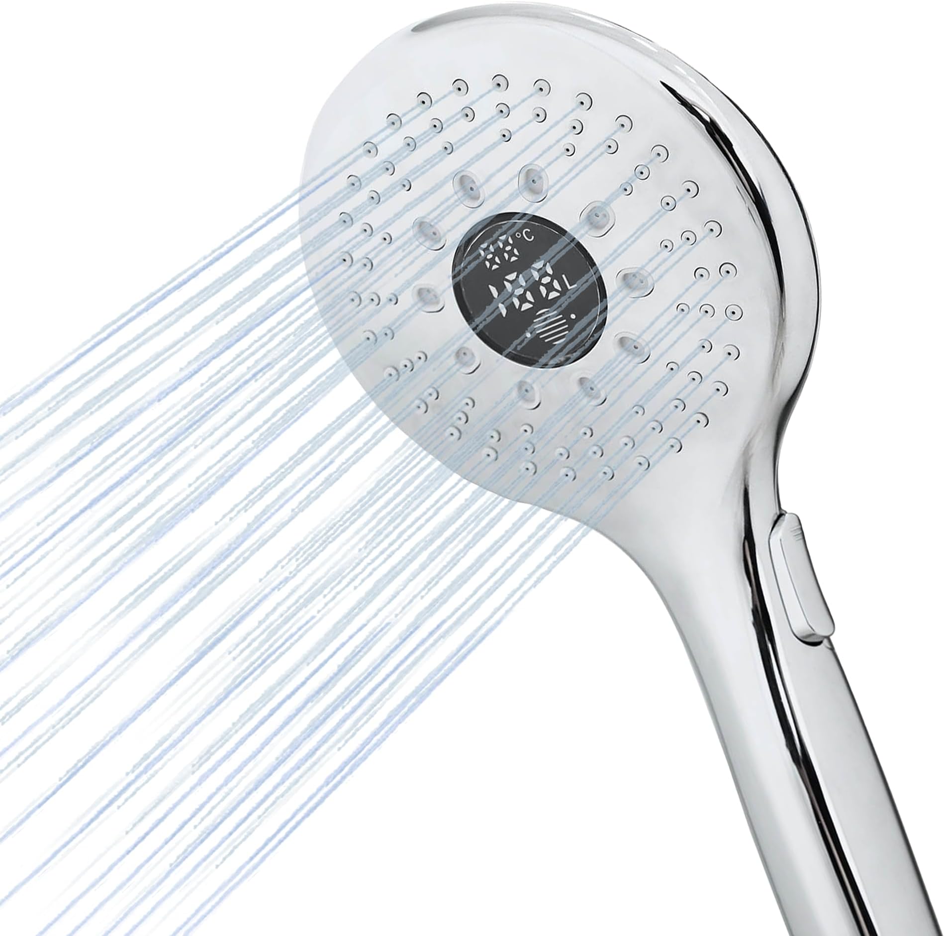 Shower Water Monitor & Digital Timer – Flow Meter, Temperature Display, Self-Powered Water & Energy Saving for Bathroom & Caravan – LOWENERGIE (Round)