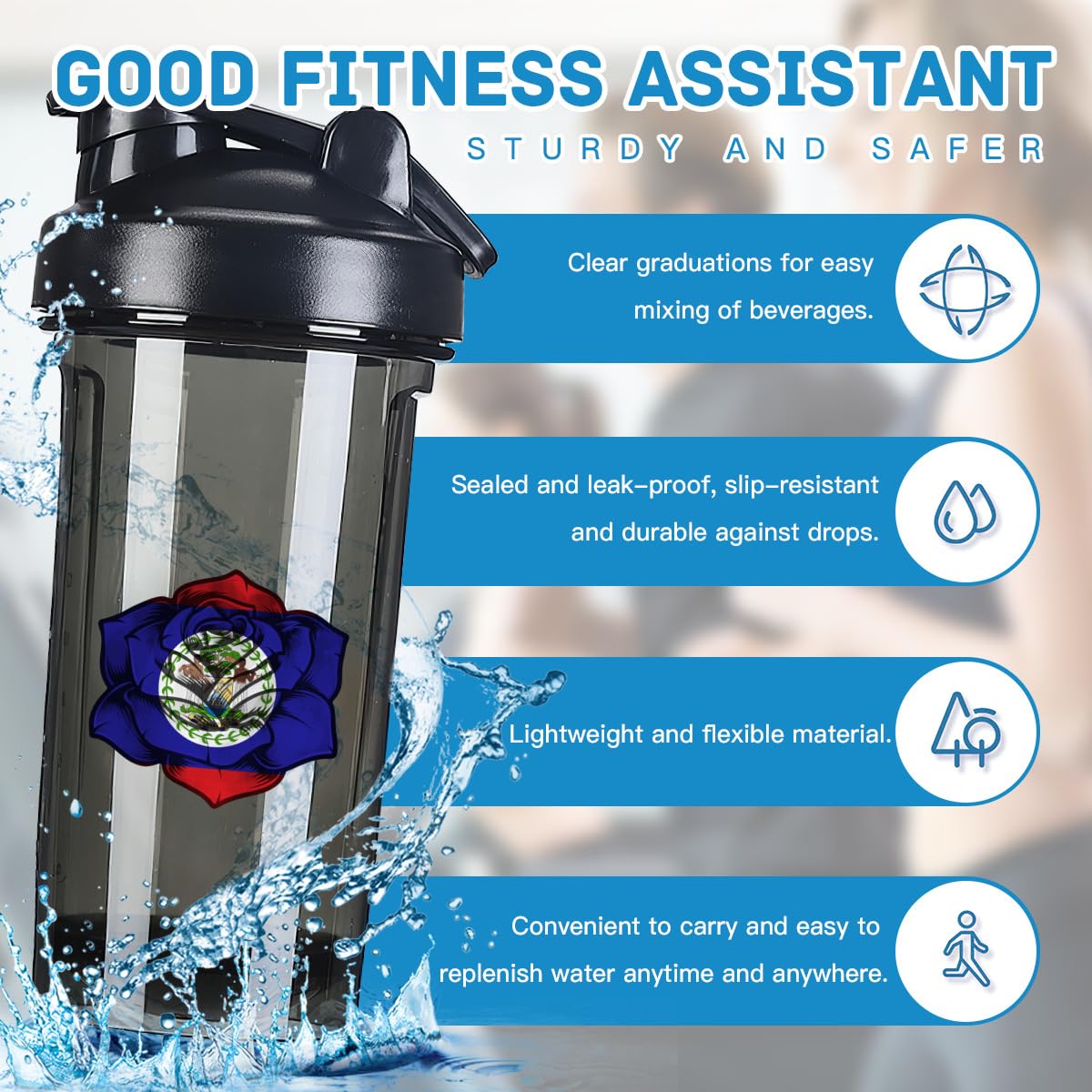 Rose Belizean Flag 18 Ounce Shaker Bottle Drink Mixer Leak-proof Pre Workout Protein Shakes Meal Replacement Shakes Bottles 500ML/18 Oz Black