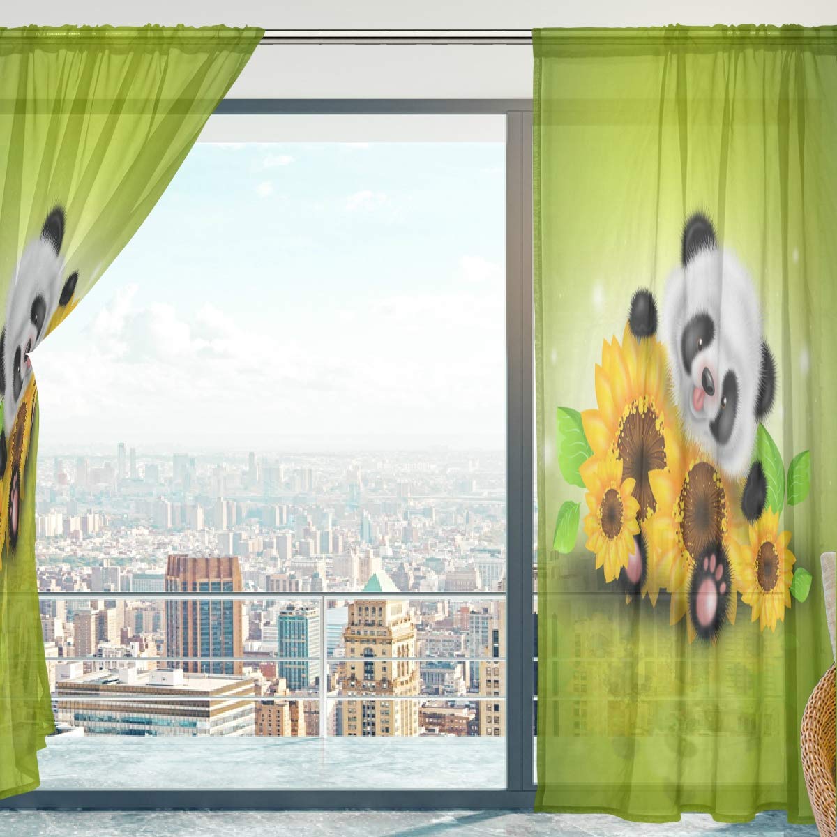 Mnsruu Fenster Vorhänge, Gardinen Panda Muster Modern Voile Platten Tüll Gardinen 198 cm Lang für Wohnzimmer Schlafzimmer Fenster Decor Set von 2