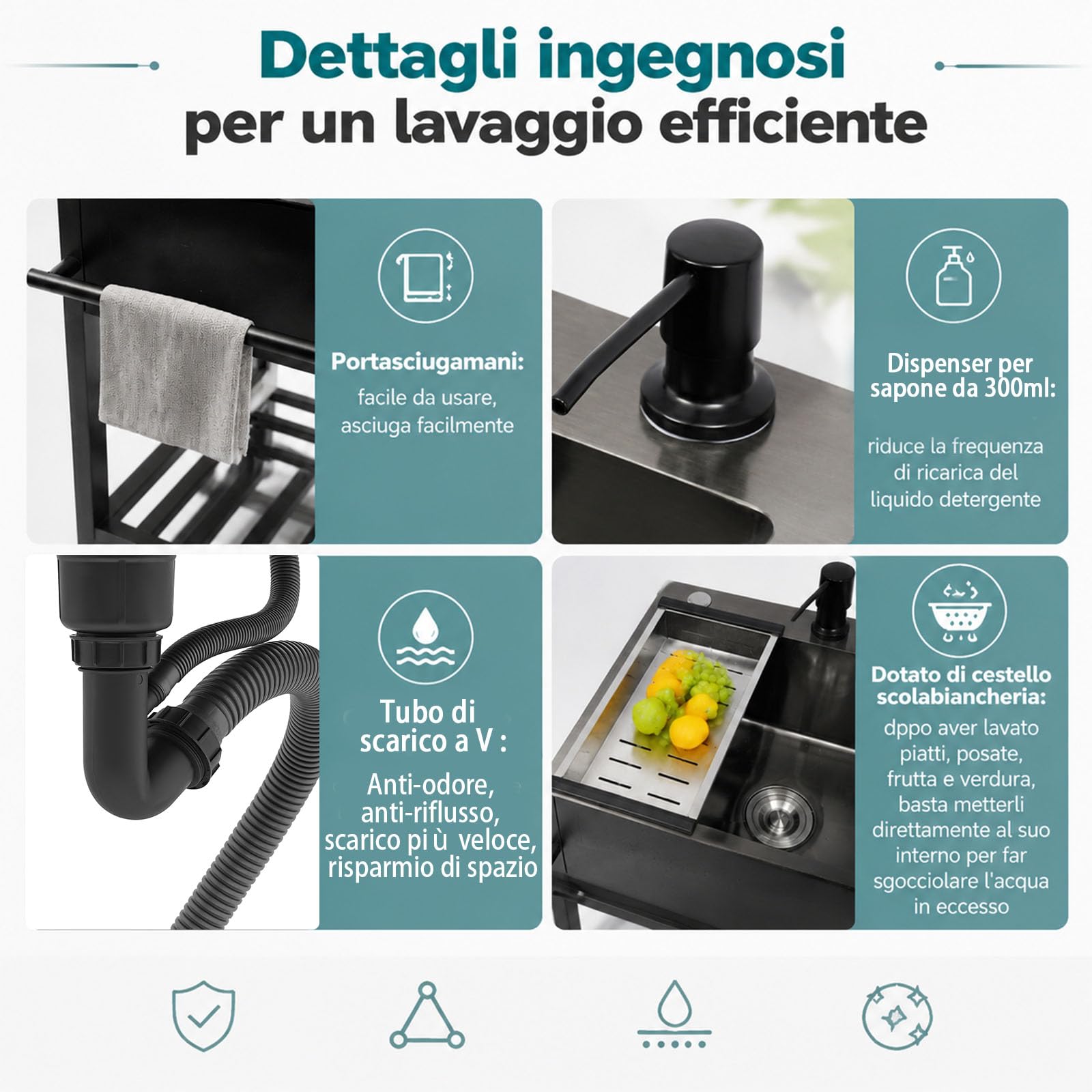Lavello autoportante, in acciaio inox, nero, singolo, portatile, con rubinetto, cestello per sapone, per esterni, gastro, giardino, campeggio, 55 x 45 x 86 cm