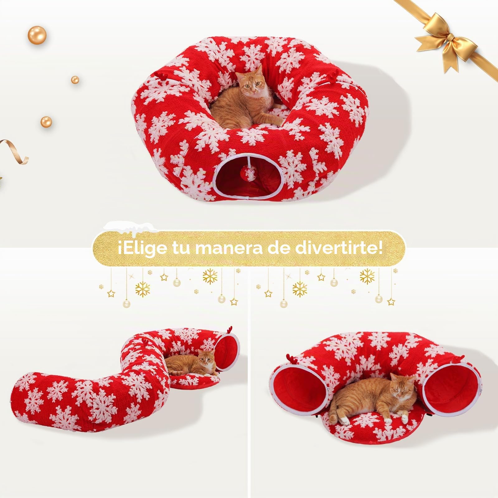 PAWZ Road Túnel Navideño para Gatos con Cama para Gatos de Interior, 2 en 1 Cama de Túnel de Dona para Gatos bajo el Árbol de Navidad, Túnel de Juego para Gatos con Cojín Lavable para Gatitos