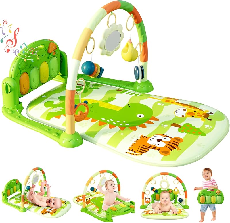Green Dinosaur Theme Baby Play Mat Gym with Kick & Play Piano | Tummy Time Activity Mat with 5 Infant Sensory Toys, Music and Lights, Boy & Girl Gifts for Newborns 0 to 3 6 9 12 Months