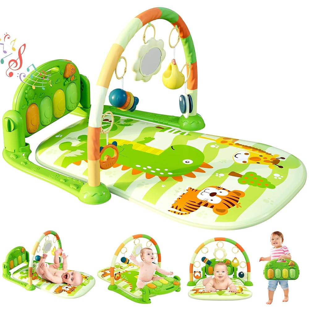dearlomum Baby Play Mat Gym, Funny Play Piano Tummy Time Activity Mat with 5 Infant Sensory Toys, Music and Lights, Boy & Girl Gifts for Newborns 0 to 3 6 9 12 Months (Green)