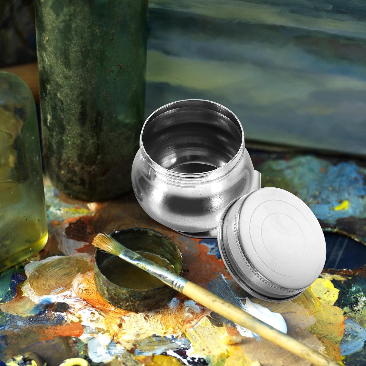 EXCEART 2pcs Stainless Steel Palette Cup Lid Mouth Dipper Pot for Oil Painting and Watercolor Portable Mixing Container for Cleaning and Storage