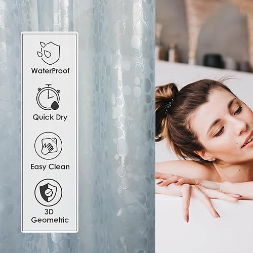 Miniatura 8 de Forro de cortina de ducha de plástico azul claro, PEVA, impermeable, ligero, con diseño de guijarros 3D, tamaño estándar, 70 x 72 pulgadas, para