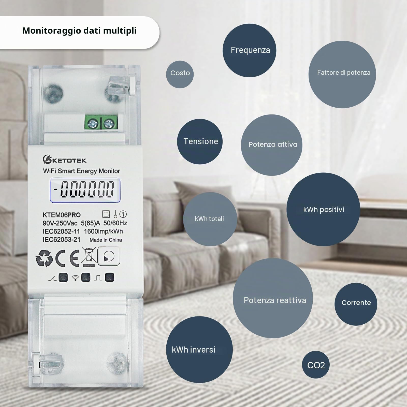 KETOTEK Smart Contatore Energia Elettrica Bidirezionale WiFi Monofase Contatore Elettrico su Guida DIN Contatore di Corrente Digitale LCD Misuratore Consumo Elettrico con APP