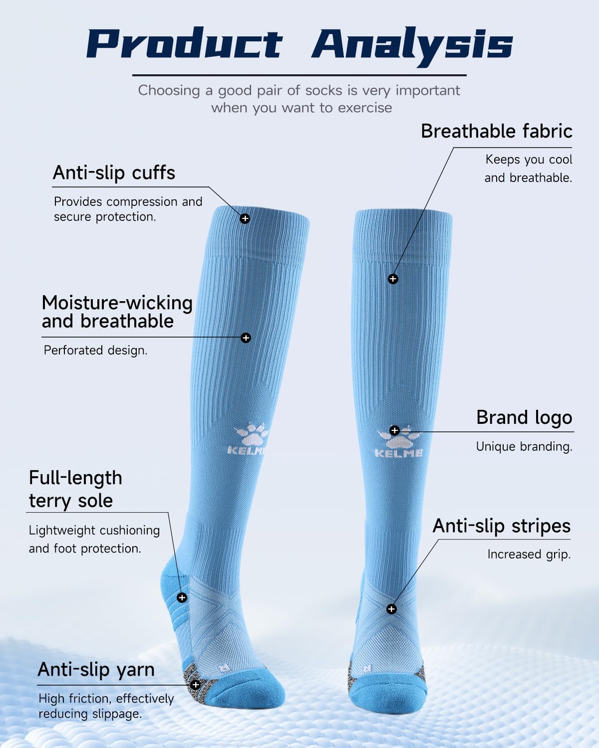 KELME Soccer Socks (1/3 pairs) Sport Cushioned Knee High Socks Athletic Softball Baseball Socks for Adult Youth